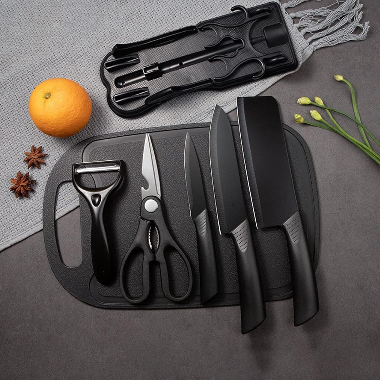 7-Piece Kitchen Knife Set,Black | 5 Stainless Steel Knives with Sheaths,Cutting Board, and a Knife Block,PP Ergonomic Handle,Black BO Oxide technology