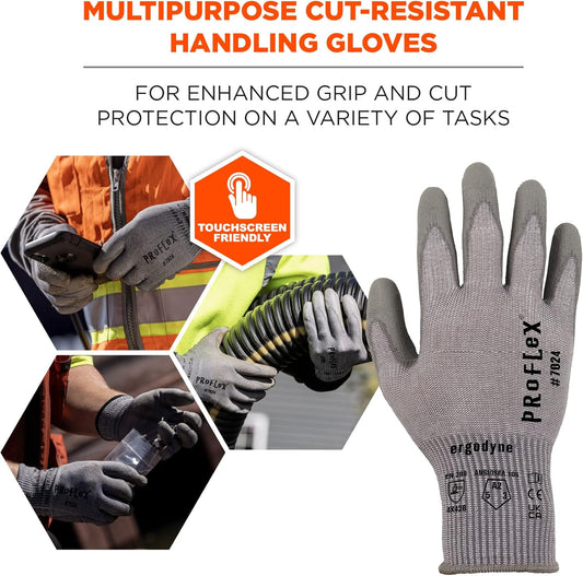 ProFlex 7024 Cut Resistant Work Gloves, ANSI A2, PU Coated Palms for Flexible No Slip Grip, Abrasion Resistant, 13g, Touchscreen Capable, Gray, Medium