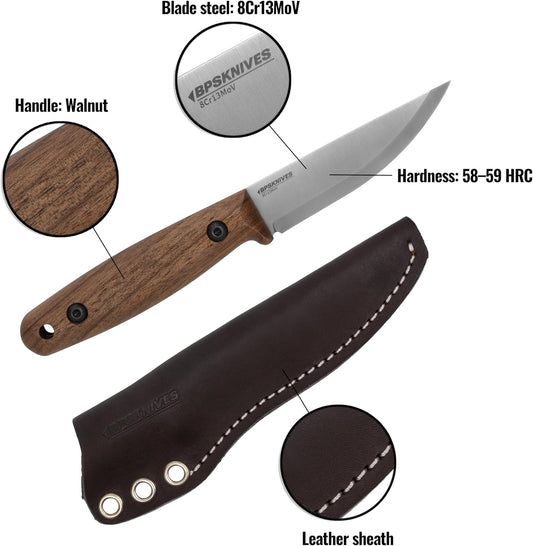 Finn Lite - Puukko Knife - Fixed-Blade 8Cr13MoV Stainless Steel Knife with Leather Sheath - Small Full Tang Camping Knives - Scandinavian Camp Utility Knives