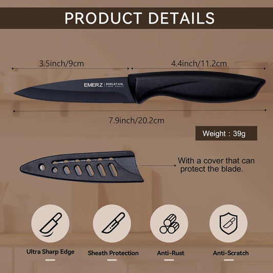 Paring Knife with Cover Sheath,Black,3.5 Inch Stainless Steel Fruit and Vegetable Knife,Paring Knives Set of 6,Ultra Sharp Small Kitchen Knife with PP Plastic Ergonomic Handle.