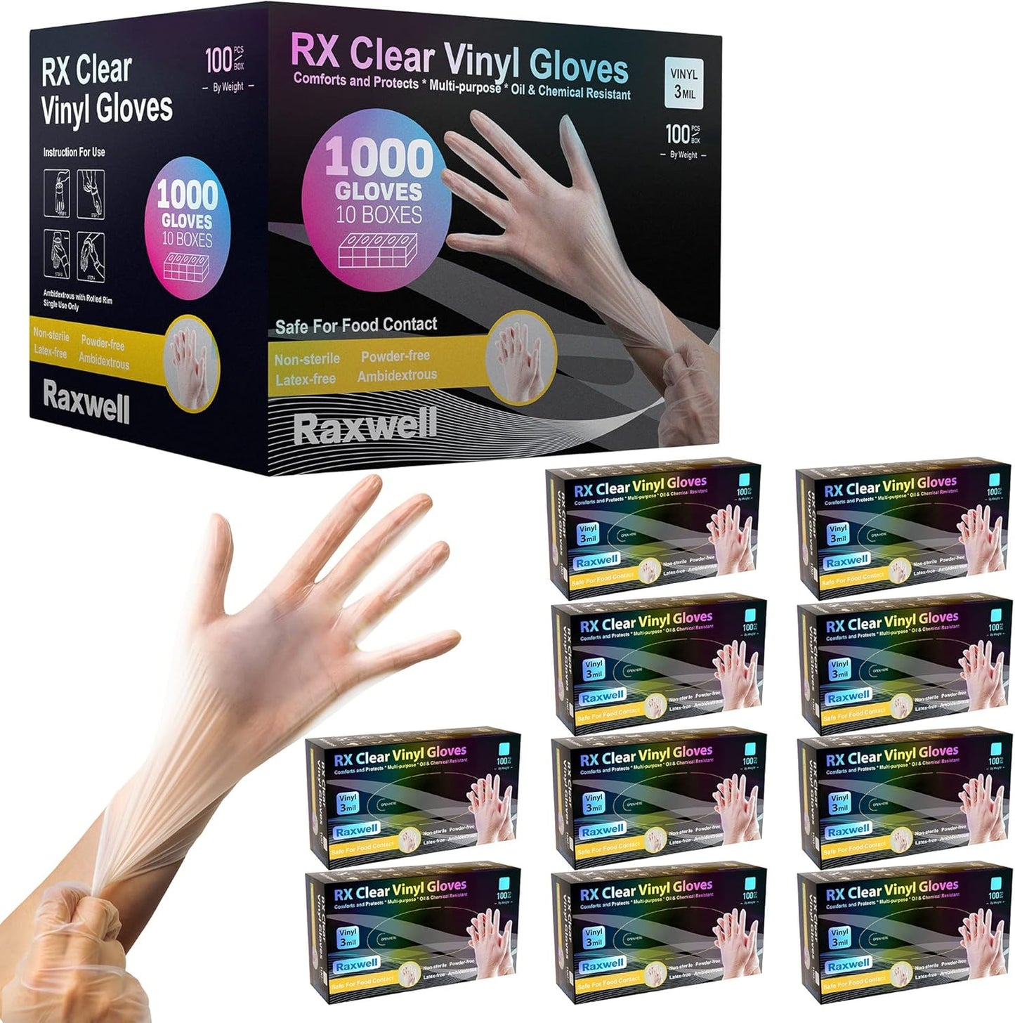 3 Mil Clear Vinyl Gloves - Food Grade Disposable Gloves - Tear Resistant Latex Free Gloves - Kitchen & Cleaning