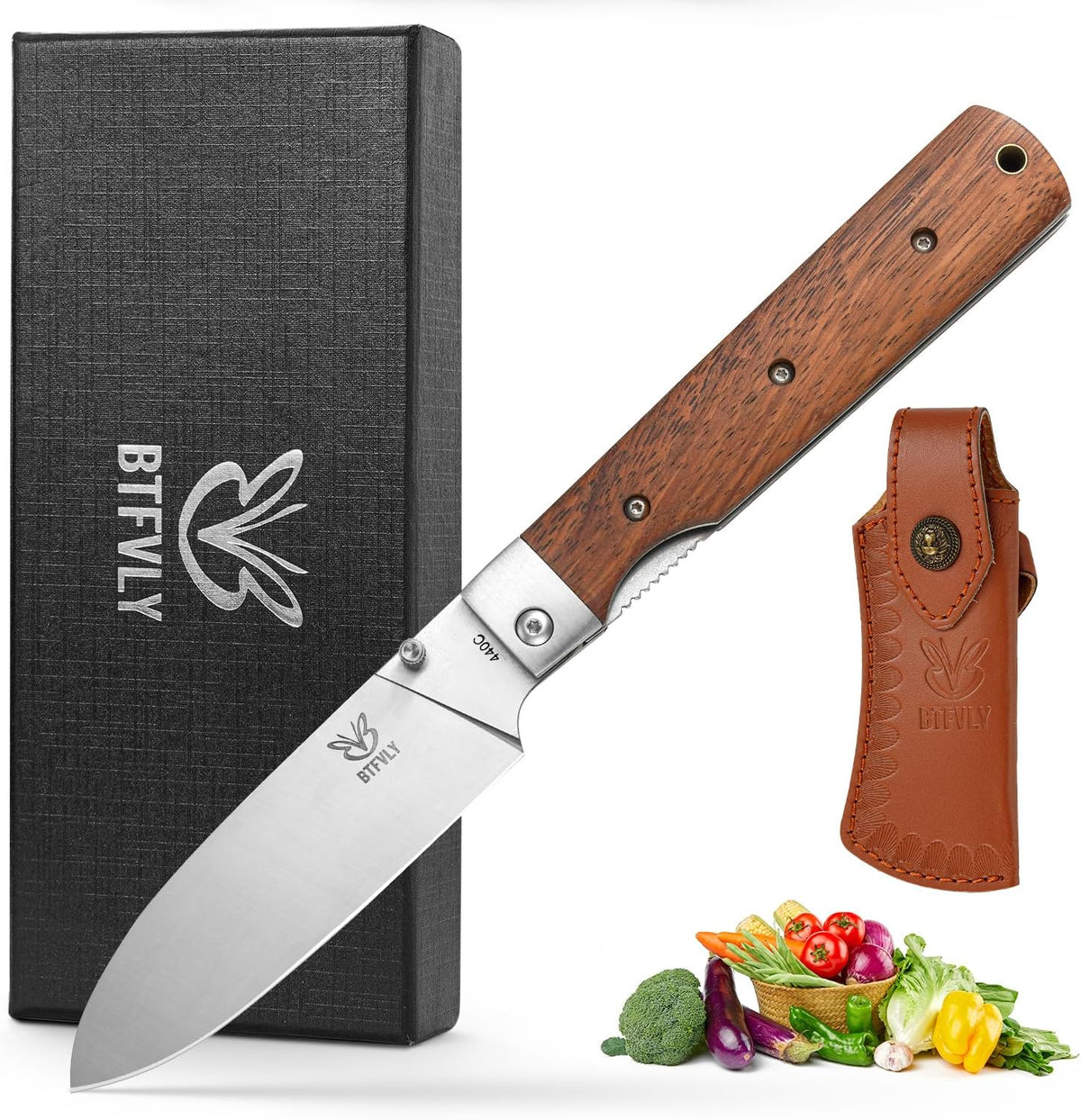 440C Stainless Steel Folding Bread Knife, 9.3in Overall Length, Black - Colored Wood Handle, Serrated Blade - Camping, Outdoor Use