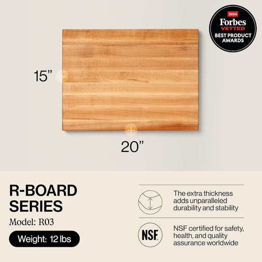 R-Board Series Rectangular Wooden Maple Cutting Board 20”x15” – 1.5” Thick, 12-lb Reversible Butcher Block with Edge-Grain & Finger Grips – Made in the USA