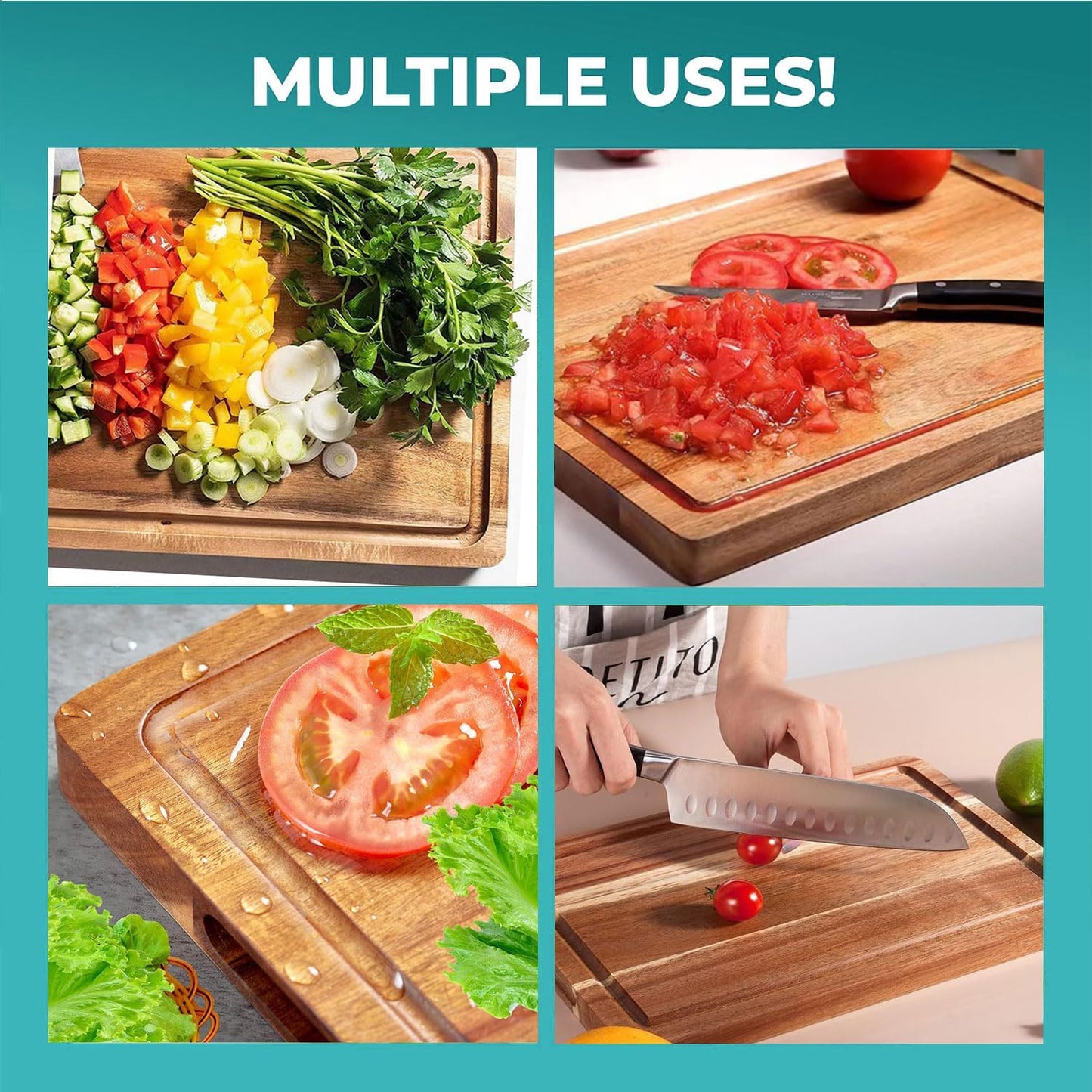 Wooden Cutting Board Set -Reversible Acacia Wood Kitchen Chopping Boards with Juice Groove for Meat, Fruits, Vegetables & Cheese - Durable & Eco-Friendly Food Prep Boards (6)