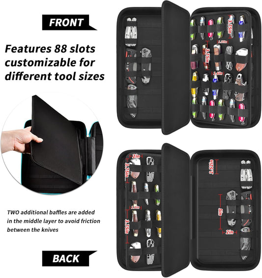 66+ Pocket Knife Storage Case for Folding Knives, Butterfly Knives | 88 Elastic Slots in Four Sizes, Hard EVA Protection for EDC Collectors, Fishing, Home Display, Camping and Travel, Black