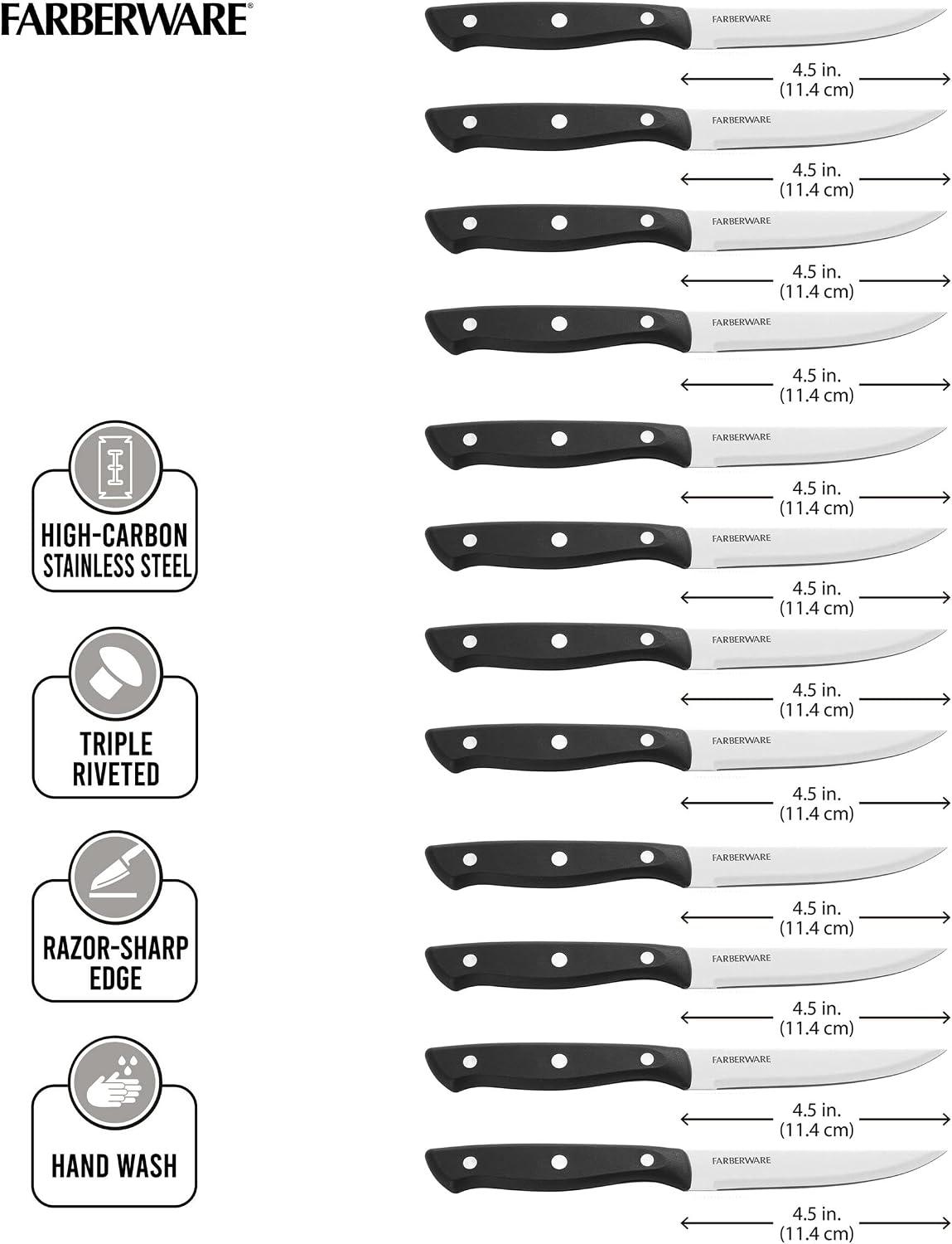 Steak Knives Set of 8 - High-Carbon Stainless Steel Blades, Triple Rivet Ergonomic Handles, Sharp Fine-Edge Steak Knife Set, 4.5 Inch Blades