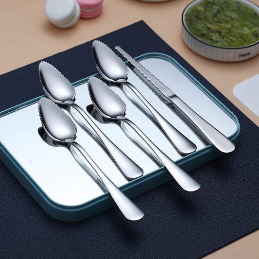 Grapefruit Spoons 5 Pieces Set, 4 Stainless Steel Spoon and 1 Knife with Titanium Plating, Utensil Serrated Edges Pack of (Silver)