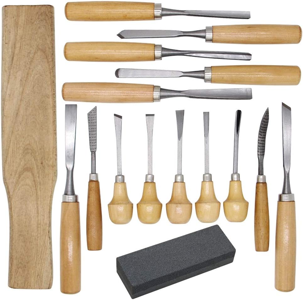 Lulu Home Wood Carving Tools, 16PCS Professional Carving Knife Tool Set for Woodworking Premium Wood Handle with Chisel Gouge Whetstones