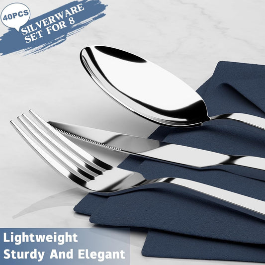 40 Piece Silverware Set, Stainless Steel Flatware Set for 8 | Heavy Duty, Mirror Polished, Include Spoons/Forks/Knives, For Home Restaurant Hotel, Dishwasher Safe