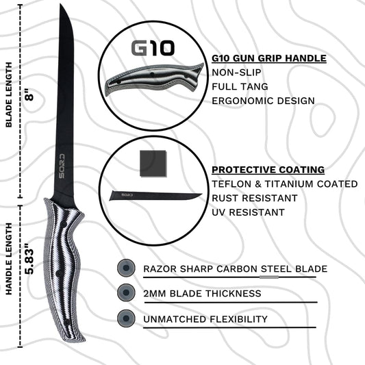 SORD 8" Flexible Fillet Knife for Fish - Saltwater and Freshwater Fishing Knife - G10 Handle - Full Tang - Kydex Sheath