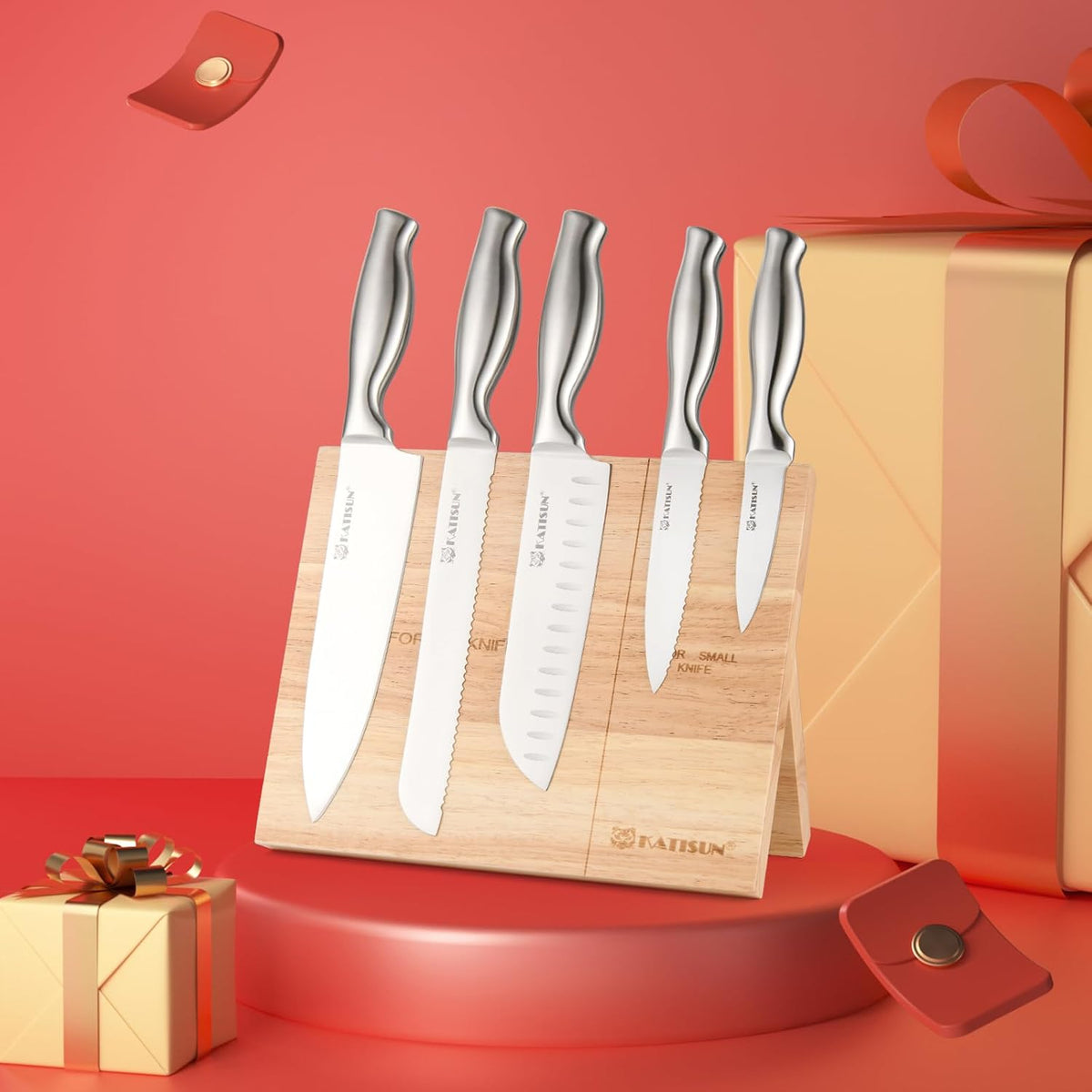 Kitchen Knife Set, 6 Pieces Knife Block Sets with Pine Knives Drawer Organizer, Perfect for Home and Chefs, Premium Knife Holder, Gift for Holiday and Housewarming