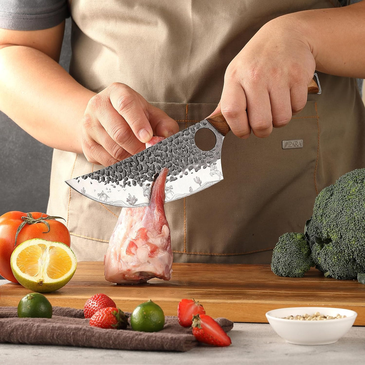 3PCS Butcher Knife Set, Hand Forged Serbian Chef & Meat Cleaver & Viking Knife, Wooden Handle, Perfect for Home, BBQ, Camping (Cactus and Knight Pattern)