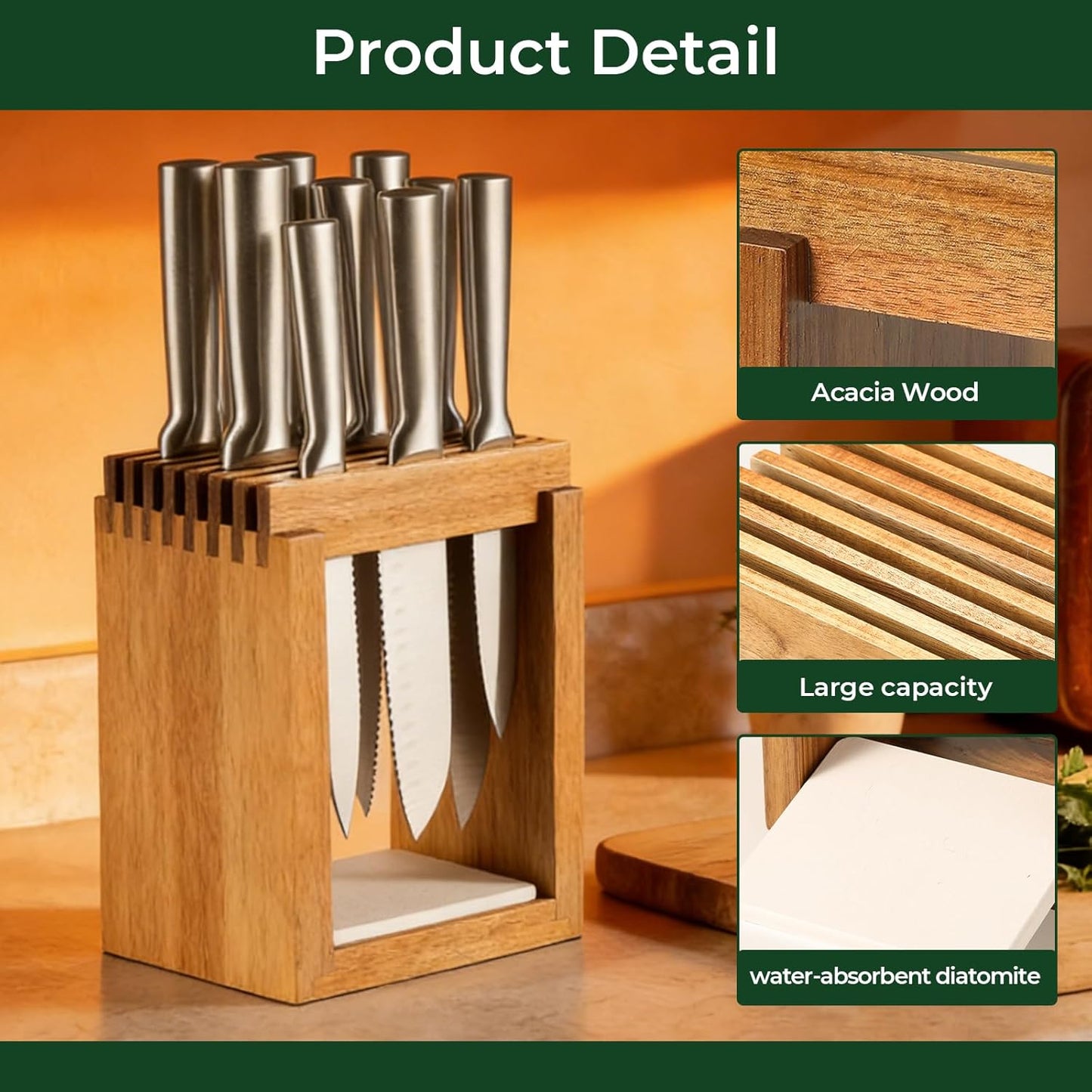 Universal Wood Knife Block Natural Acacia Wood Knife Holder for Kitchen Counter Large Capacity Slotted Storage for Chef Knives Space-Saving Modern Design Non-Slip Base Black