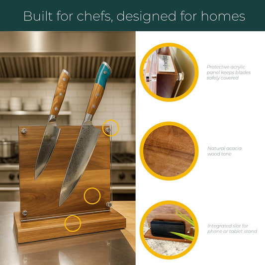 . Magnetic knife holder block stand, double sided wooden magnet board, knife holder (Wood)