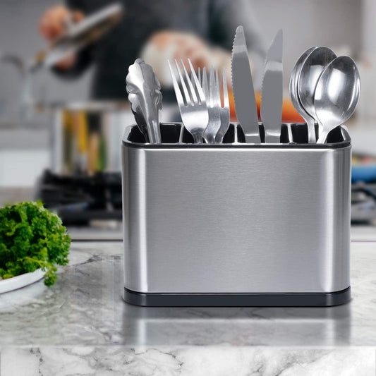 Kitchen Stainless Steel Utensil Holder for Countertop,Silverware Caddy | 4 Compartments Cutlery Holder for Fork Knife Spoon Flatware Organizer - 7.1 x 3.39 x 5.1 inch,with Drainage Holes,Silver