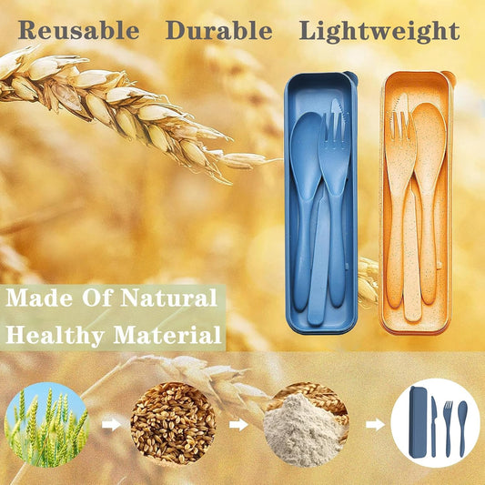Reusable Travel Utensils Set with Case, 2 Sets Wheat Straw Portable Plastic Fork Spoons Knife Cutlery, Camping Eco-Friendly BPA Free Tableware for Kids Adults Work Picnic or Daily Use (Blue+Yellow)
