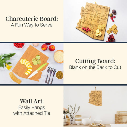 Destination Arizona State Shaped Cutting Board | State charcuterie serving board with engraved map artwork. Smooth reverse side for food prep. Hang tie for wall display.
