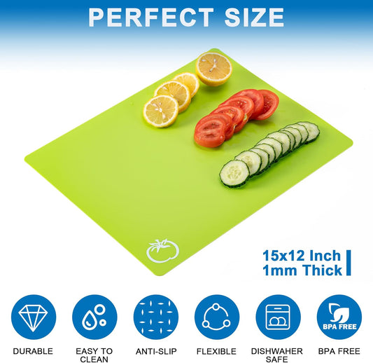 5 Pieces Flexible Plastic Cutting Board Mats with Food Icons, BPA Free Cutting Boards for Kitchen, Non Slip Cutting Mat for Meat and Vegetables (Red, Bright Yellow, Light Green, Purple, Lake Blue)