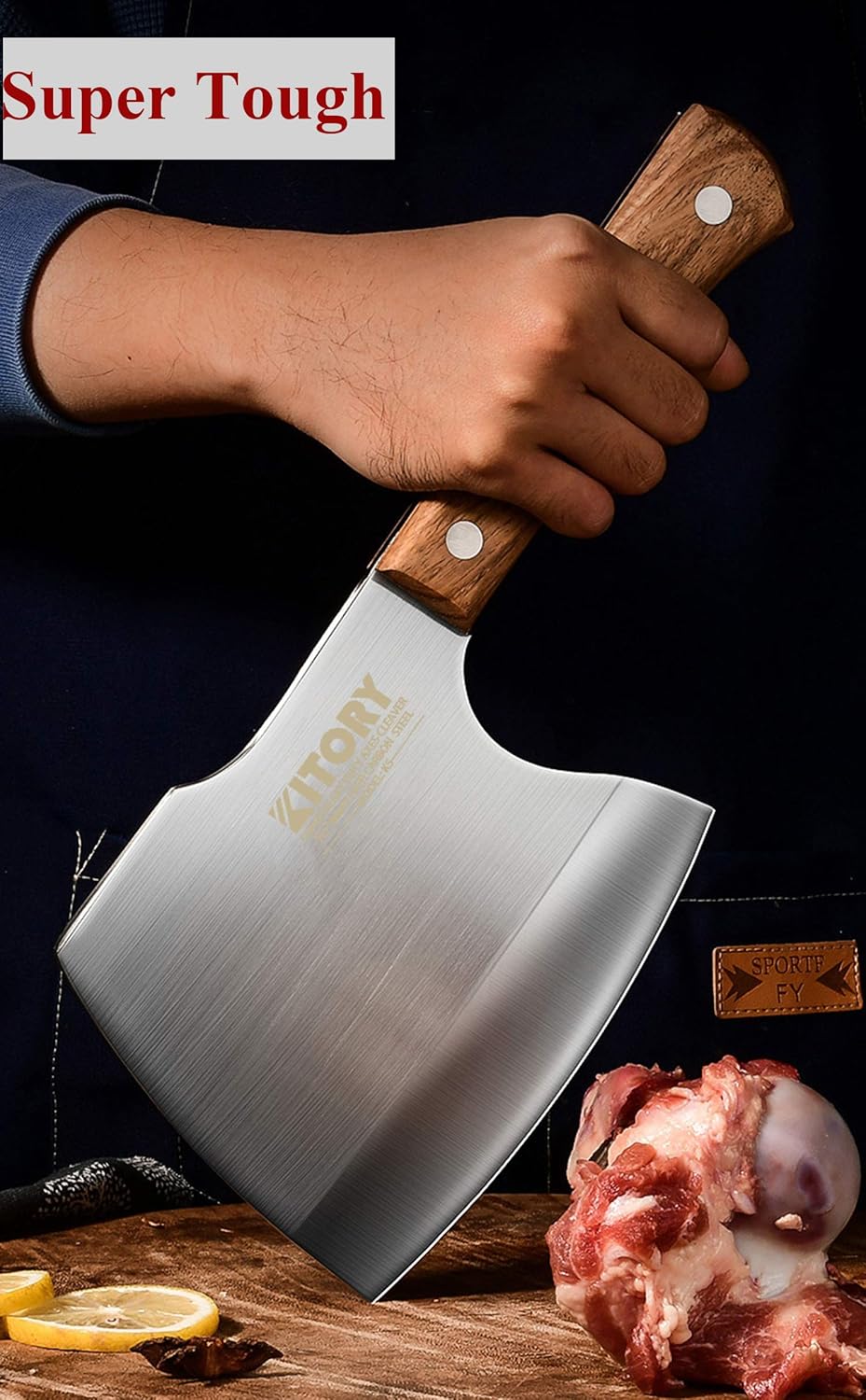 Meat Cleaver, Super Massive Heavy Duty Axe shape Kitchen Knife for Big Bones Beef Bones and Frozen Meat, bones breaker, Full Tang Butcher Knife, Black Wooden Handle