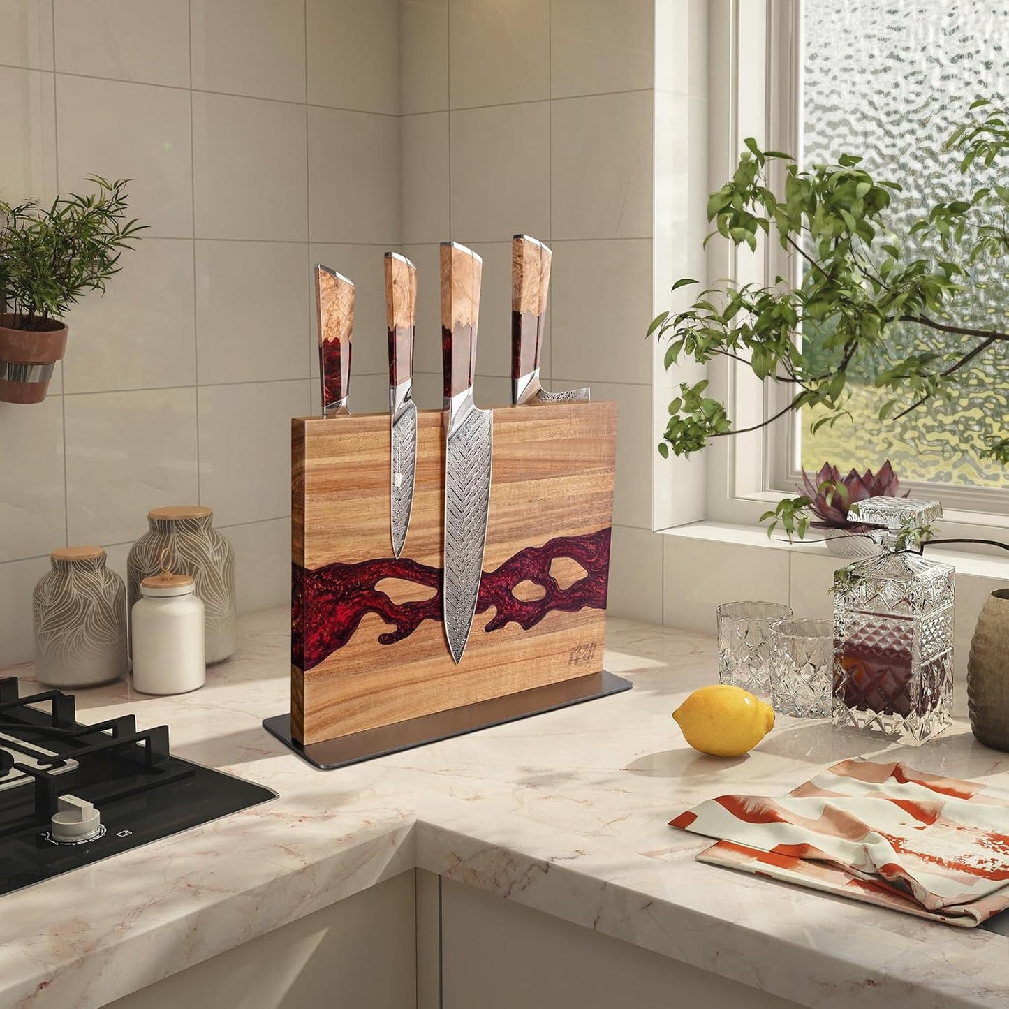 Magnetic Knife Block, Teak Wood Utensils Holder, Strong Magnet Stand for Kitchen Counter (10.8 x 8 Inches, Without Knives)