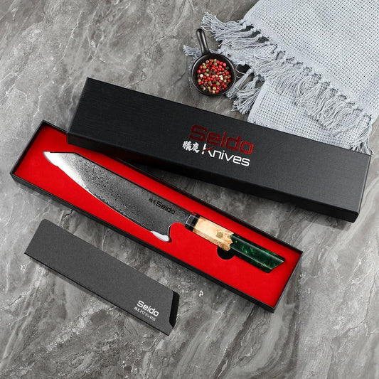 Kiritsuke Damascus Steel Chef Knife Epoxy Resin Stabilized Wood Handle Professional Kitchen Knife VG10 High Carbon Stainless Steel, Forest Green | VG10 high-carbon stainless steel with Damascus finish and forest green resin wood handle