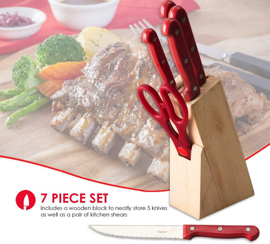 7 Piece Knife Set, Red | Wooden Block Included for Storage | Comfortable Grip | Non-Slip Handles | Bright Red | Heavy Duty Stainless Steel