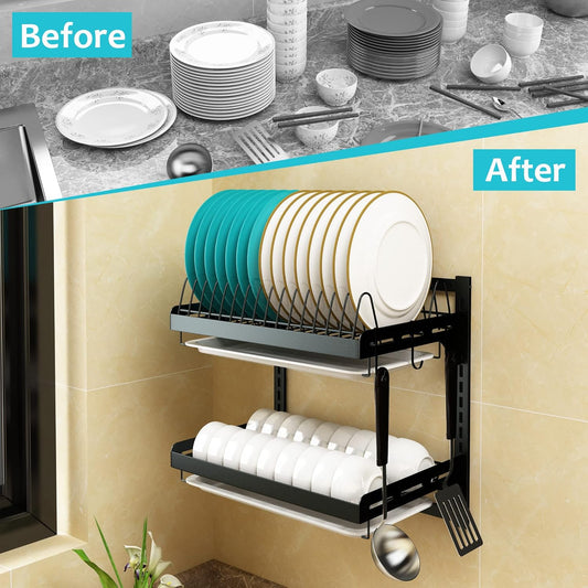 Wall Mounted Stainless Steel Dish Drying Rack Fruit Vegetable Storage Basket with Drainboard and Hanging Chopsticks Cage Knife Holder Kitchen Supplies Shelf Utensils Organizer (2-Tier)