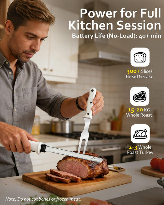 Cordless Electric Carving Knife for Meat Slicing, Fish, Bread, Turkey, Ergonomic Handle, Serving Fork Included, Package Box for Storage & Safety Lock