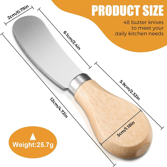 48 Pcs Cheese Spreader Knives with Wooden Handle, Stainless Steel Butter Knife Spreader for Charcuterie Board, Sandwich, Appetizers, Cocktail Spreading