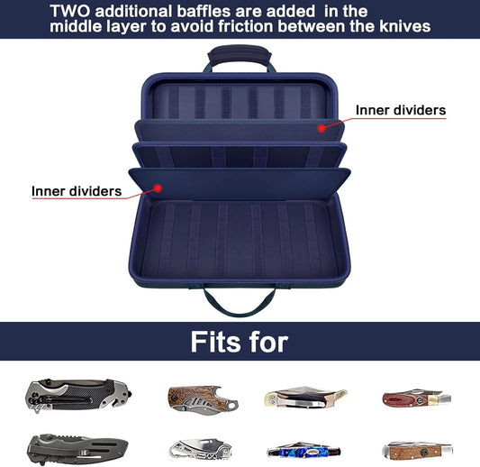 64+ Pocket Knife Storage Case for Folding Knife Collections | Hard EVA Shell, 88 Slots, 2 Dividers and Elastic Straps for EDC, Camping and Collector Knives, Case Only