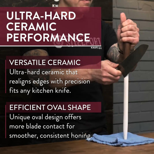 STEELPORT 12" Oval Ceramic Honing Rod for Carbon & Stainless Steel Knives | Extra-Wide Oval Ceramic Surface for Easier Edge Maintenance | Walnut Handle, Safety Guard | USA Made Professional Tool