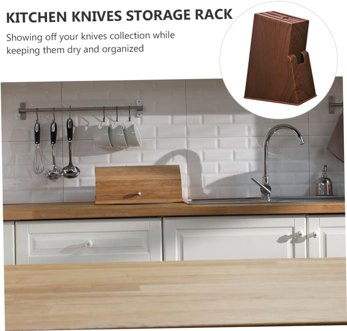 Wood Knife Holder Block without Knives Kitchen Knife Storage Rack with Wide Slots for Knives Scissors and Kitchen Tools Wood Grain Texture Organizer for Countertop