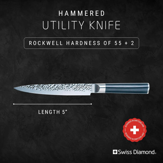 Utility Knife, German Steel With ABS Handle, Half Tang Handle, Hammered Blade Chef Knives Professional Grade, 55+2 Rockwell Hardness, 5 Inch