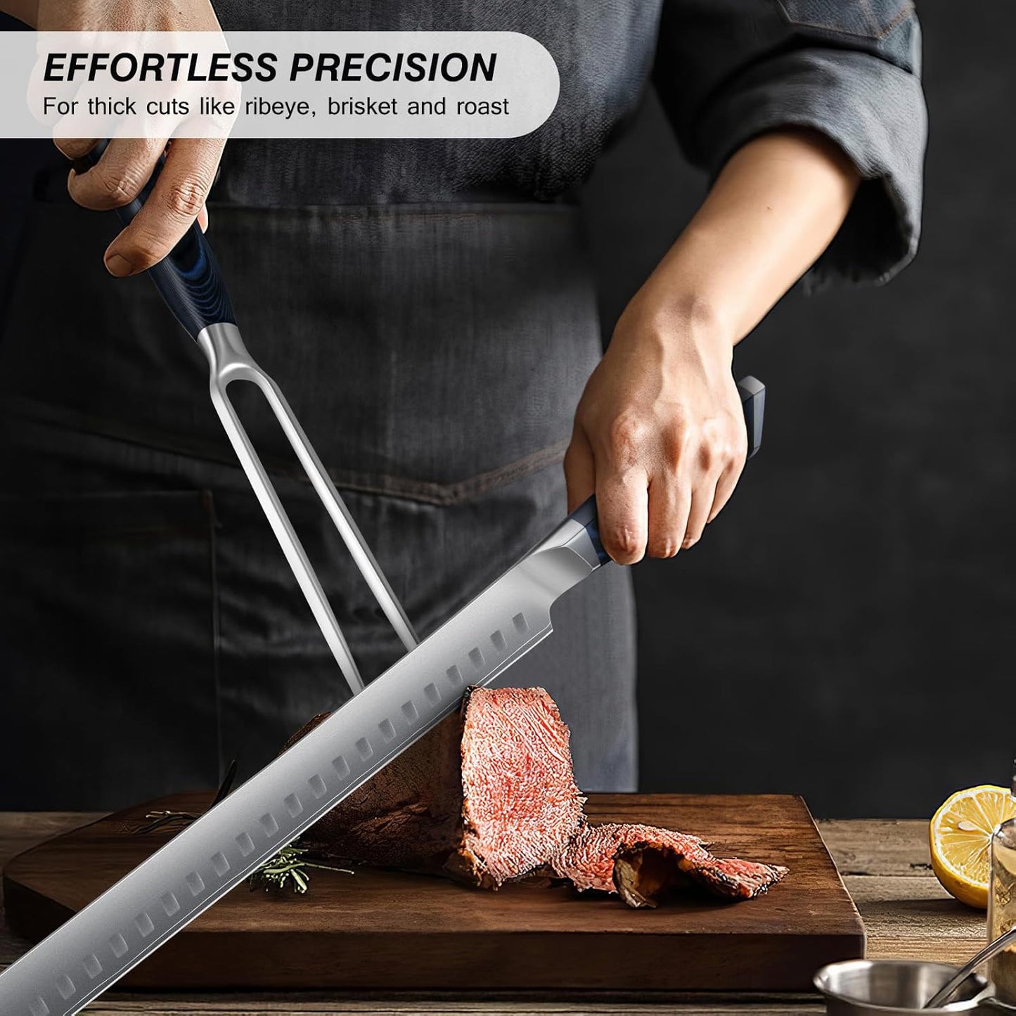 BBQ Carving Knife Set, Brisket Slicing Knife and Fork Set, Japanese High Carbon Steel Slicing Knives with G10 Handle, Full Tang Ultra Sharp Meat Cleaver