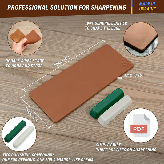 Leather Strop Kit for Knife Sharpening - Knife Strop Block 8" x 3" - Stropping Leather Kit LS2P11 with Green-Gray & White Polishing Compound - Knives Sharpener and Buffing Compounds