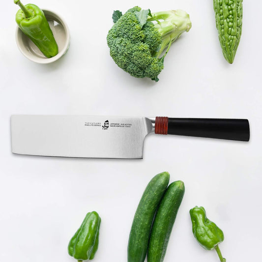 Nakiri Knife 6.5 inch - Professional Kitchen Vegetable Cleaver Knife Asian Usuba Knives for Vegetables and Fruits - AUS-8 Stainless Steel with Pakkawood Handle - Ring Lite Series with Gift Box