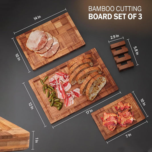 Bamboo Cutting Board Set of 3 in Large, XL and XXL Sizes, Heavy Duty Wooden Kitchen Boards, End Grain Butcher Block with Juice Groove, Durable Non-Slip Serving and Prep Boards