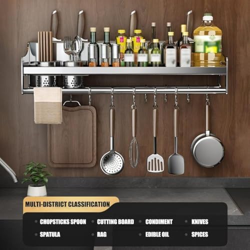 304 Stainless Steel Knife & Utensil Holder with Spice Shelf - Wall Mounted Hanging Spice Rack & Tool Storage, 40cm Kitchen Organizer for Spices & Cutlery