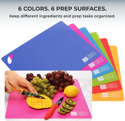 Flexible Plastic Cutting Mats, 6-Pack, 15" x 12", 1.2mm Thick | Large color-coded cutting board set for kitchen prep; dishwasher-safe mats with textured grip and a bend-and-pour design.