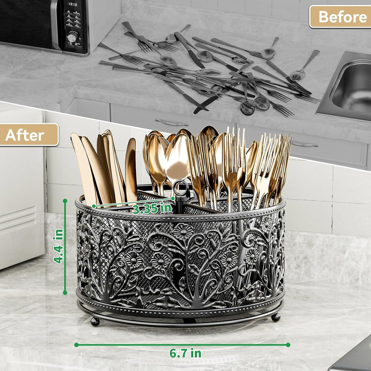360° Rotating Utensil Caddy - Silverware Cutlery Caddy Holder with 4 Compartment, Metal Flatware Organizer Countertop with Handle for Party Camping Picnic, Kitchen Counter, Office (Silver)