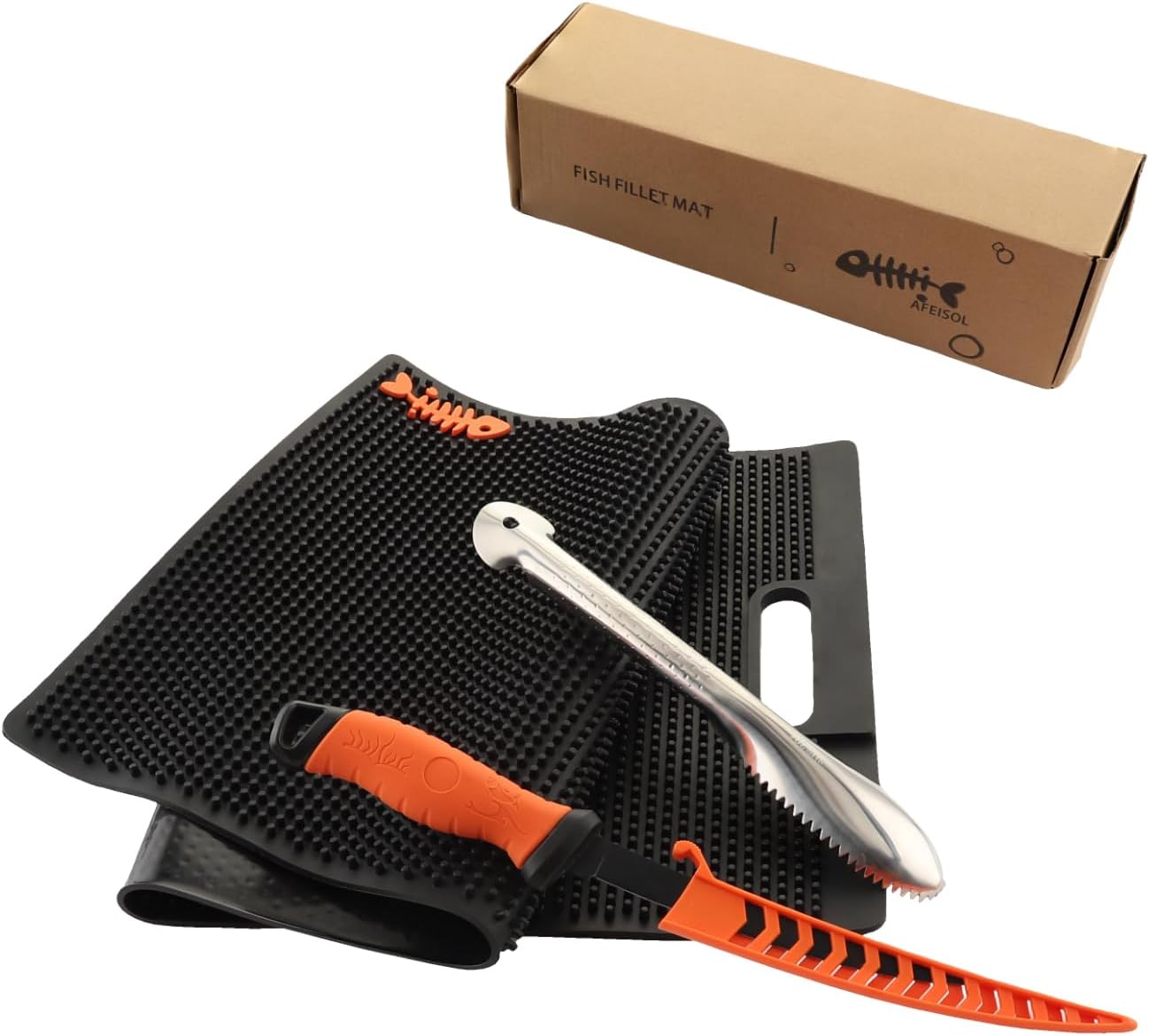32 Inch Non Slip Fish Fillet Mat with 7 inch Fillet Knife and Fish Scaler | Heavy Duty Rollable Fish Bait Cutting Board Large Size Fish Cleaning Mat with 7 inch Fillet Knife and Fish Scaler