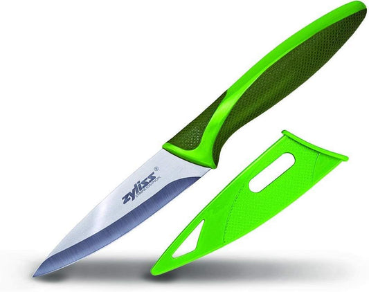 Classic Paring Knife Set with Sheath Cover - Precision Knives for Cutting, Slicing & Peeling - Small Culinary 3 ¼” Paring Knife & 3 ¾” Serrated Knives - Carbon Stainless Steel Blade - Red/Green