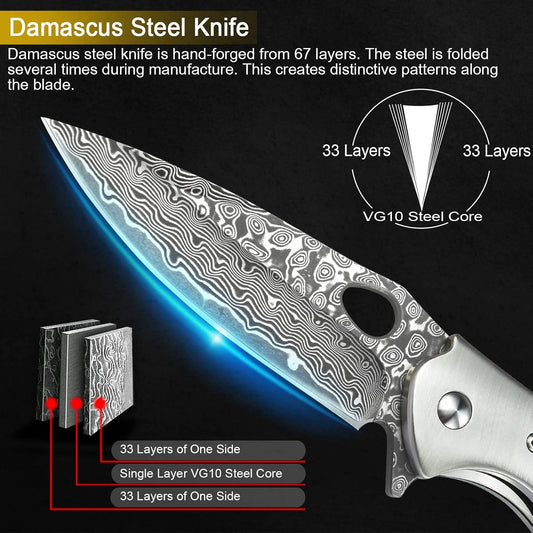 Damascus Pocket Knife for Men, Damascus Steel Folding Knife DMYYM | VG10 Core, Rosewood Handle, Ball Bearing, Thumb Hole, Liner Lock, Sheath, Gift for EDC, Camping, Outdoor, Survival & Hunting