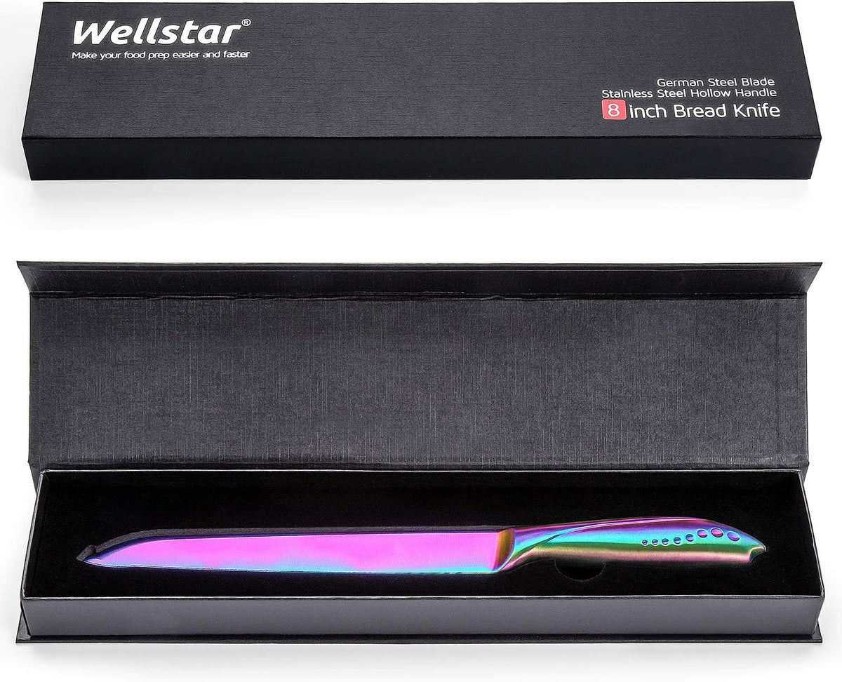 Bread Knife 8 Inch, Serrated Bread Cutter, Ultra Sharp German Stainless Steel Blade and Comfortable Handle with Rainbow Titanium Coated for Slicing Breads Loaves Bagel Cake and Large Fruit