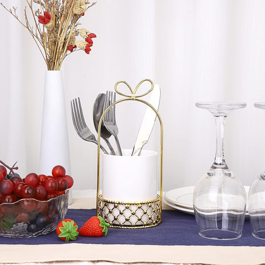 White & Gold Ceramic Silverware Holder Cutlery Caddy for Countertop | Modern Decorative Flatware Holder for Forks, Knives, and Spoons, Tabletop Utensil Organizer for Wedding Party Dining Tables