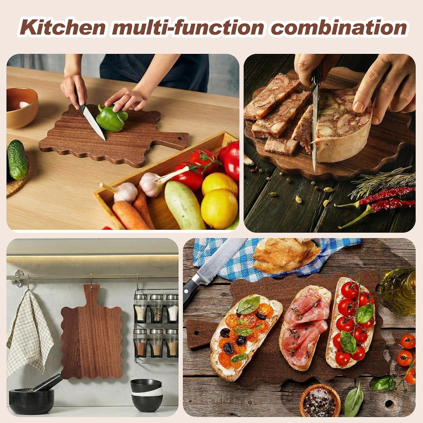 2 Pcs Acacia Wood Scalloped Cutting and Chopping Board with Handle Decorative Cutting Boards for Kitchen Wooden Charcuterie Boards Serving Tray for Cheese Meat Fruit Bread Baking