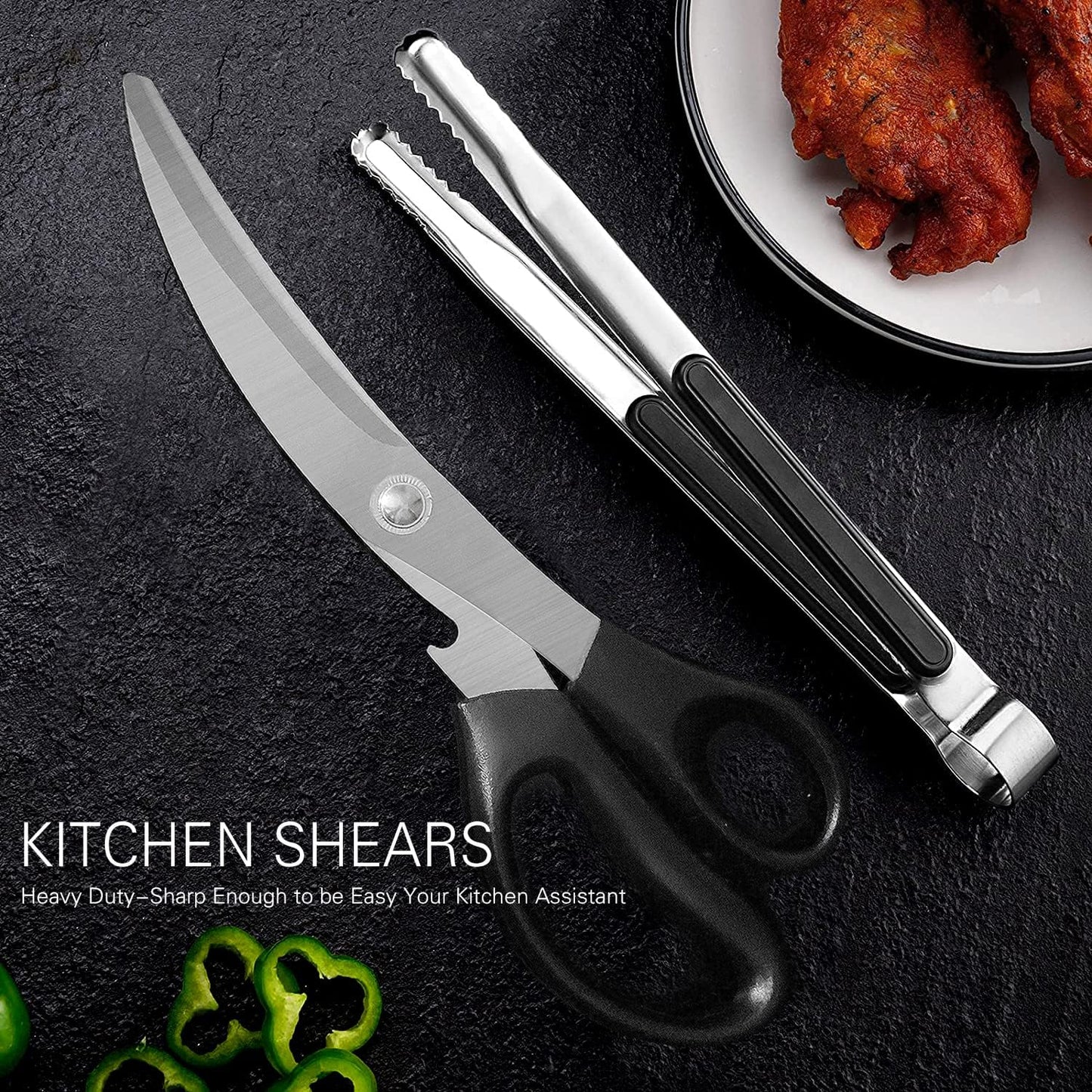 Kitchen Scissors, Korean Barbecue Sheras and Tongs Set,Kitchen Scissors for Meat Cutting, Chicken, Vegetables,Stainless Steel Non-slip Serrated Sharp BBQ Multipurpose Kitchen Sheras Tongs