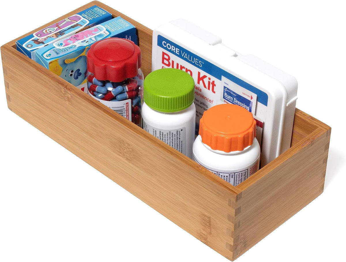 Bamboo Wood Utensil Holder Storage Box for Cooking Tools, Makeup, or Office Supplies, 4" x 9 1/4" x 3"