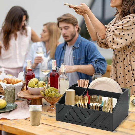 Paper Plate Dispenser, Paper Plate Holder for Kitchen Counter, Wood Rustic Silverware Utensil Caddy, Cutlery Flatware Organizer Box for Cups Spoons Forks Plates Napkins, Kitchen Accessories