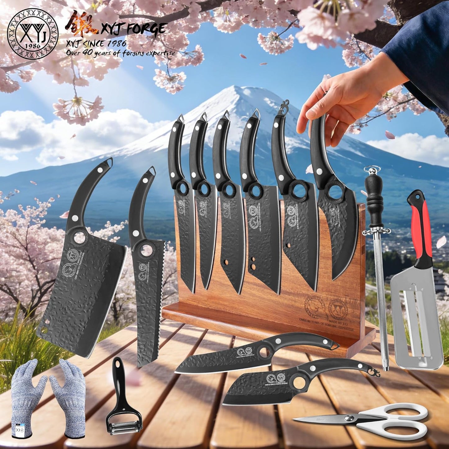 Kitchen Knife Block Set, 10 Pieces | Full Tang Knives, Wooden Magnetic Knife Block, Includes Honing Steel, Gloves, Peeler, Scissors